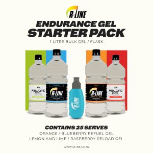 R-Line Endurance Gel Starter Pack showing four large bottles and a blue gel squeeze bottle in front of color blocks.