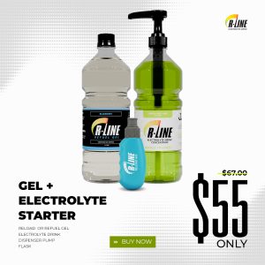 R-Line gel and electrolyte starter kit: white bottle, green electrolyte bottle with pump, and blue gel vial on a white background