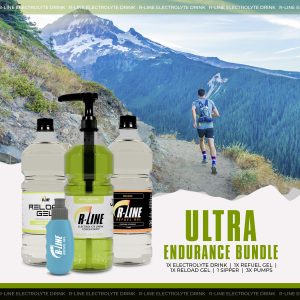 Mountain trail with a hiker in the background; large R-Line electrolyte drink bottles in the foreground, advertising the drink brand.